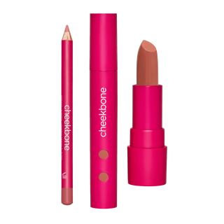 From left to right: Horizon Lip Pencil in Sand, Harmony Lipgloss in Sweetgrass, SUSTAIN Lipstick in Nuna