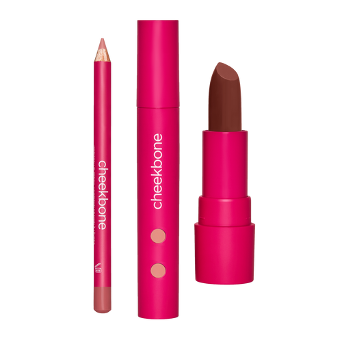 From left to right: Horizon Lip Pencil in Sand, Harmony Lipgloss in Birch, SUSTAIN Lipstick in Keyah