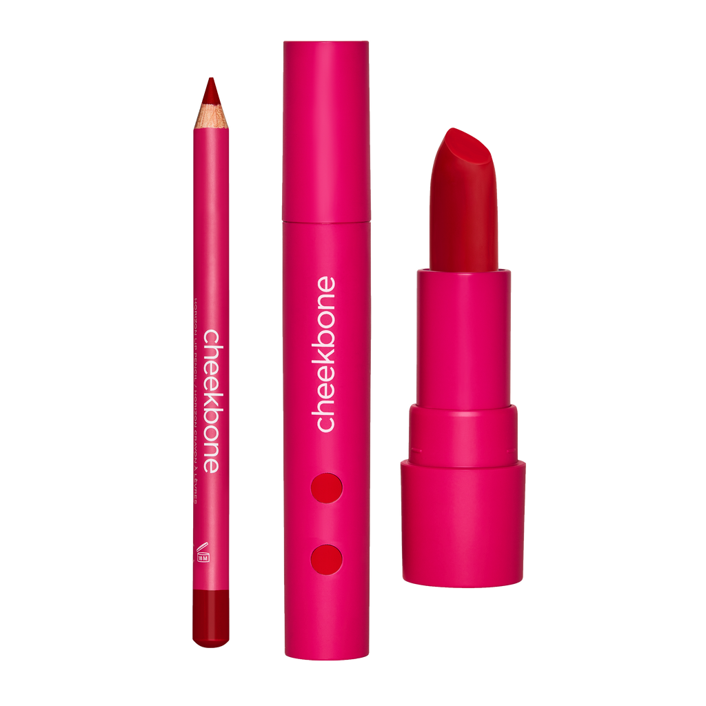 From left to right: Horizon Lip Pencil in True Red, Harmony Lipgloss in Fire, SUSTAIN Lipstick in Aki