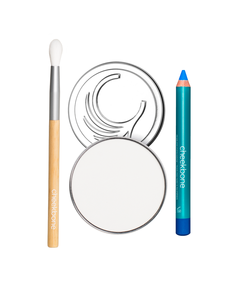 From left to right: A small tapered blending eye shadow brush, Mattifying Moon Dust, Sustain Eyeshadow pencil