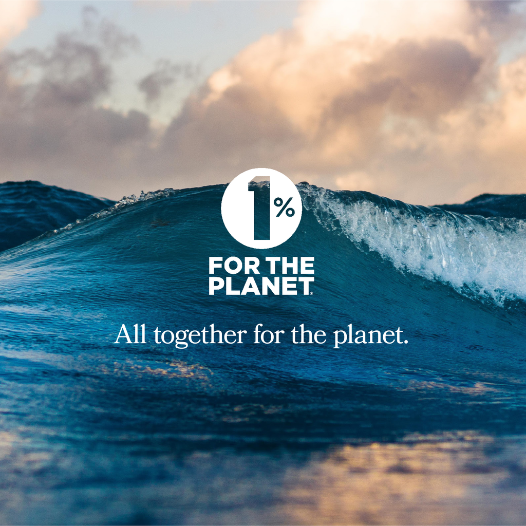 1% For the Planet logo. Text: All together for the planet. Background image: a blue wave