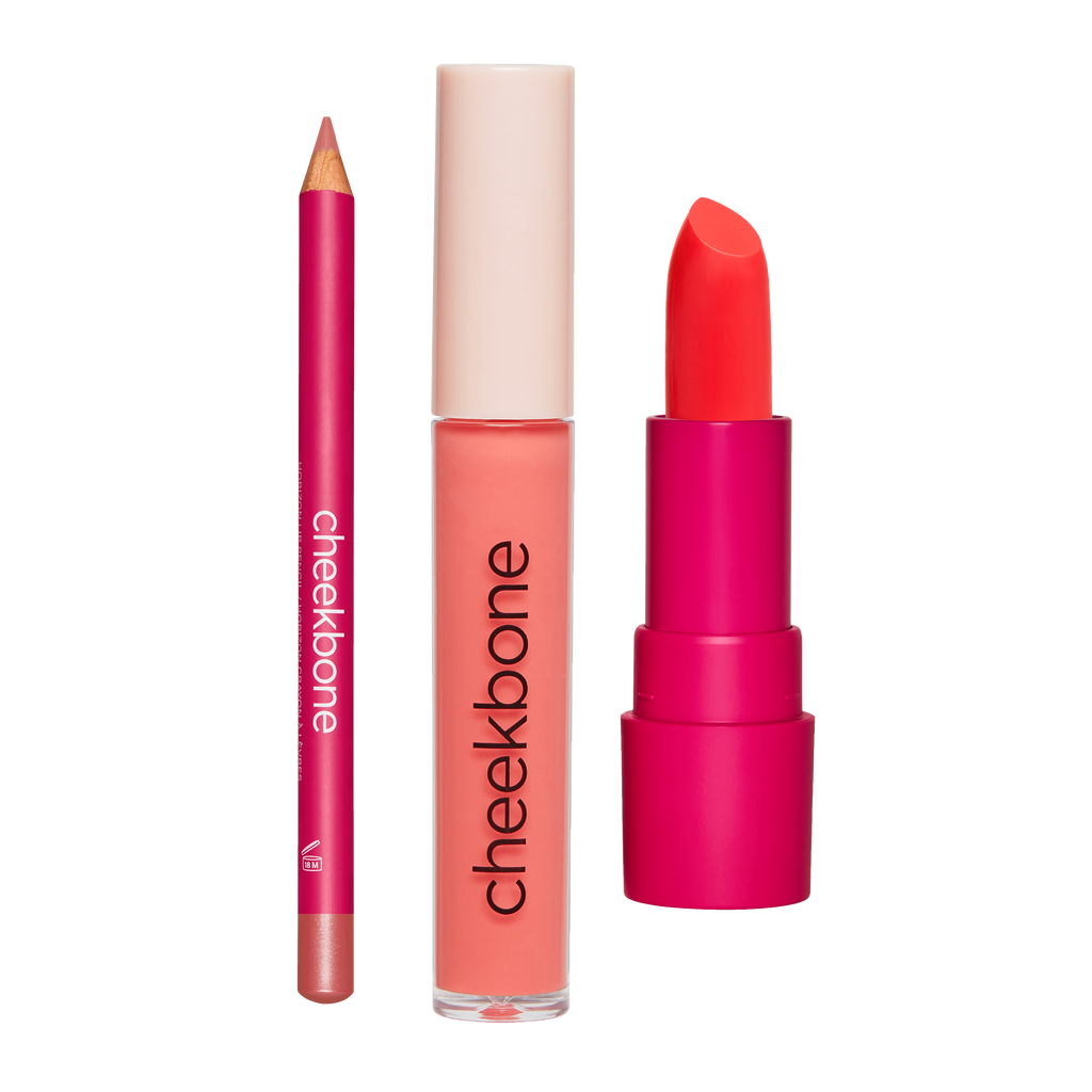 From left to right: Horizon Lip Pencil in Clay, Harmony Lipgloss in Sundance, SUSTAIN Lipstick in Aina