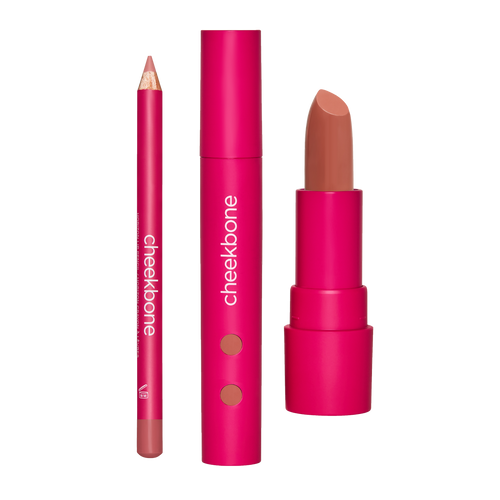 From left to right: Horizon Lip Pencil in Sand, Harmony Lipgloss in Sweetgrass, SUSTAIN Lipstick in Nuna