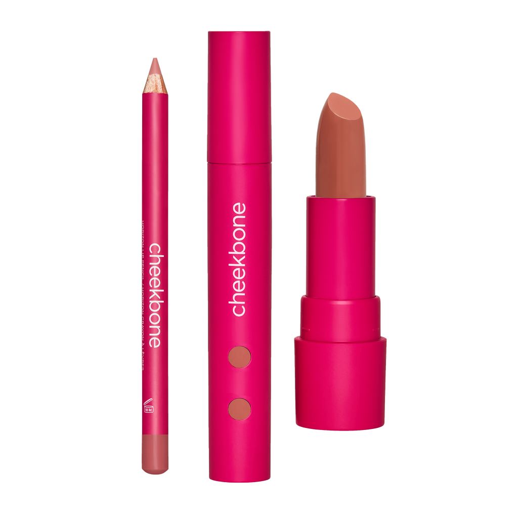 From left to right: Horizon Lip Pencil in Sand, Harmony Lipgloss in Sweetgrass, SUSTAIN Lipstick in Nuna
