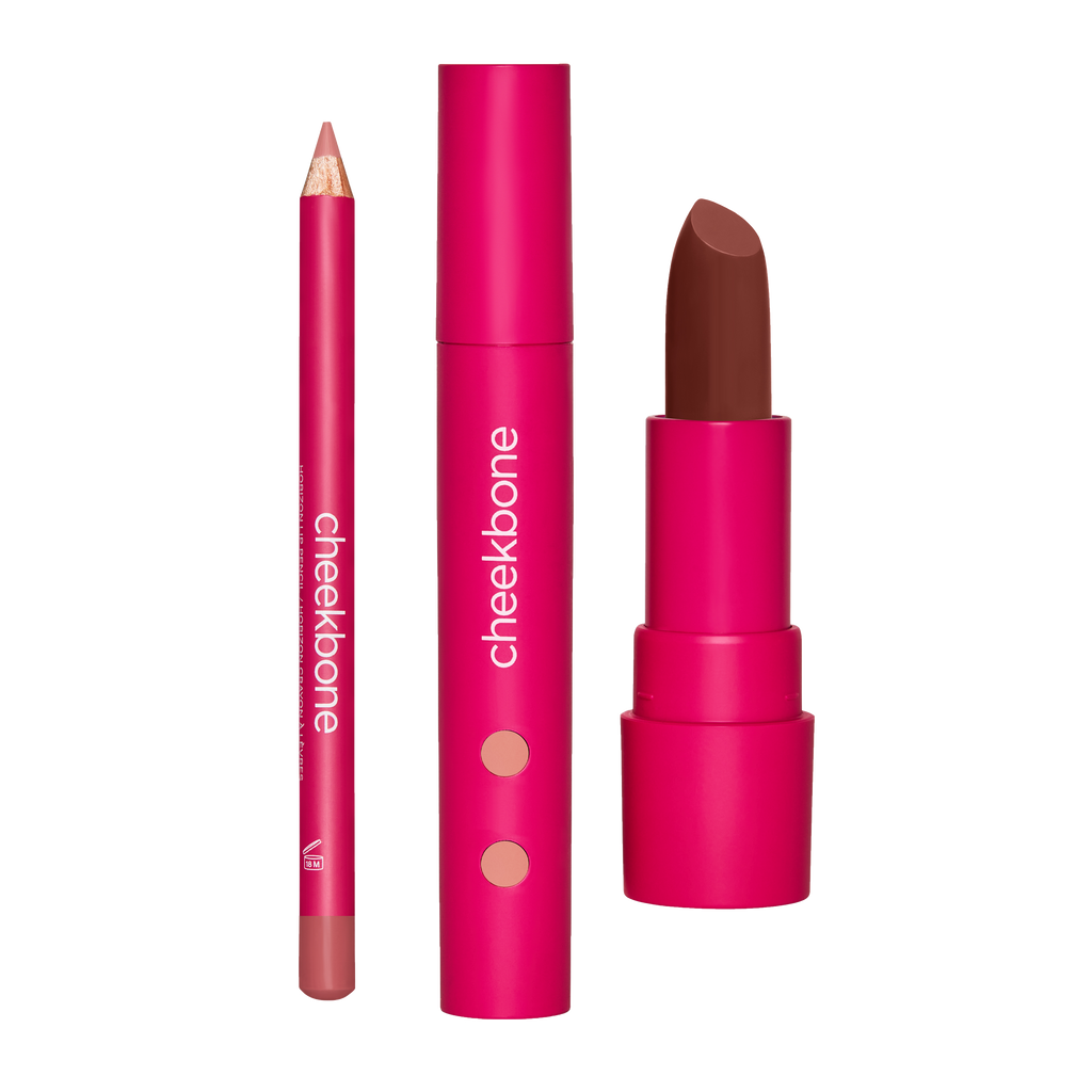 From left to right: Horizon Lip Pencil in Sand, Harmony Lipgloss in Birch, SUSTAIN Lipstick in Keyah