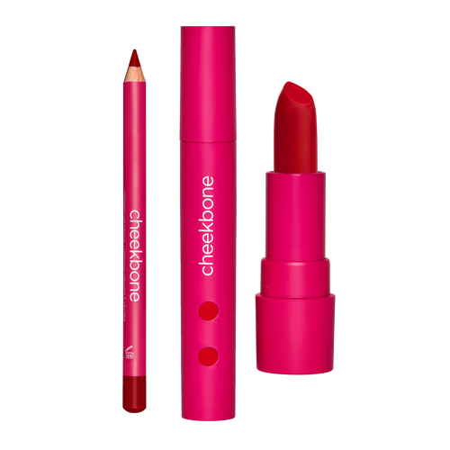 From left to right: Horizon Lip Pencil in True Red, Harmony Lipgloss in Fire, SUSTAIN Lipstick in Aki