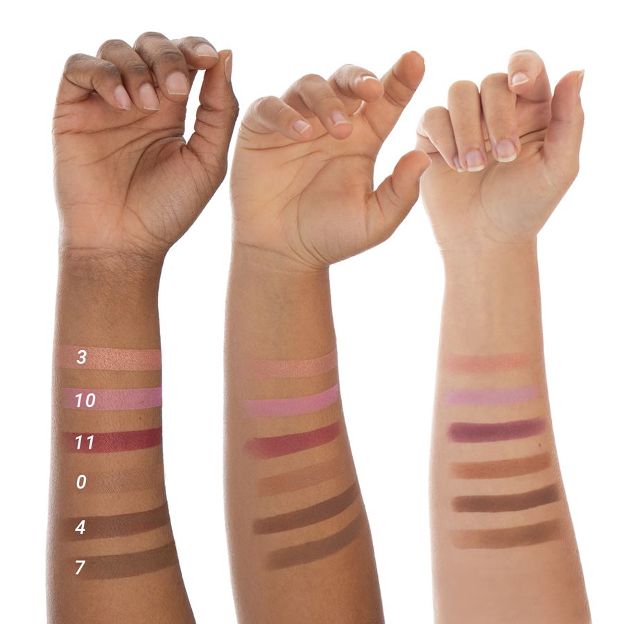 Arm swatches of Cheekbone Beauty assorted makeup colours.